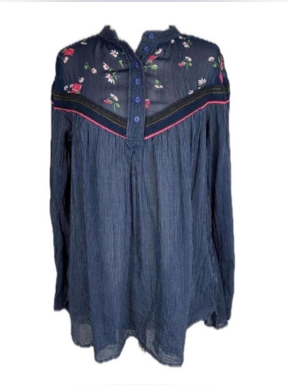Free People Navy Floral Yoke Striped Long-Sleeve Top Tunic Cotton Size M